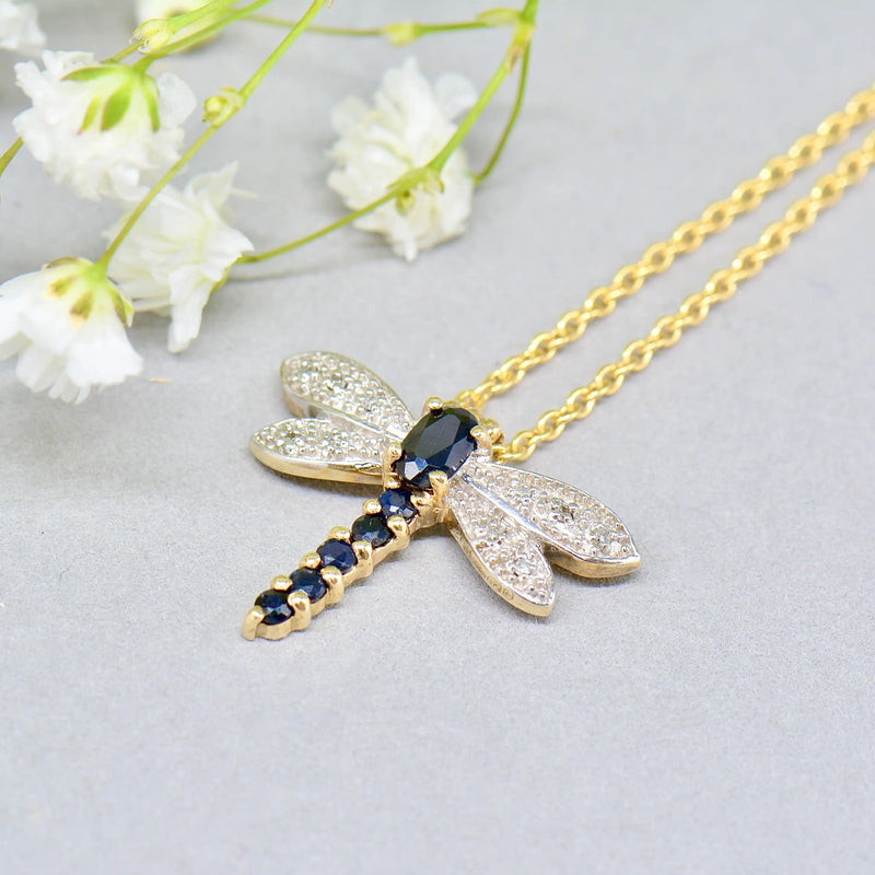 Sapphire and Diamond Dragonfly 9ct Yellow Gold Pendant