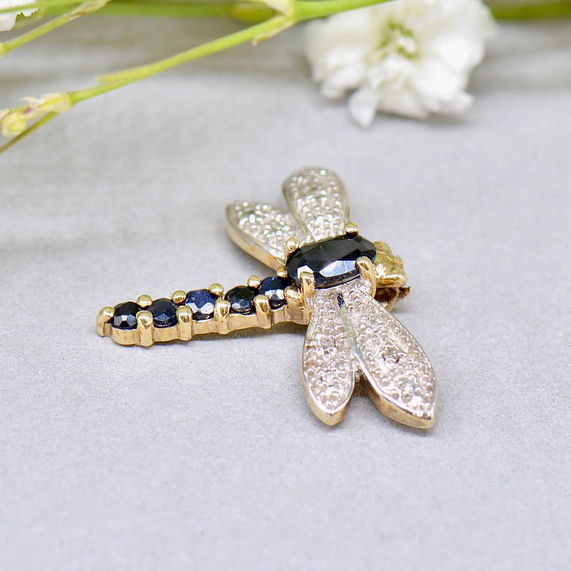 Sapphire and Diamond Dragonfly 9ct Yellow Gold Pendant