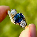 Vintage 1990s Blue Sapphire and Diamond 18ct Yellow Gold Trilogy Ring (1.47ct)