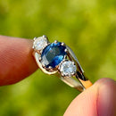 Vintage 1990s Blue Sapphire and Diamond 18ct Yellow Gold Trilogy Ring (1.47ct)