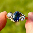 Vintage 1990s Blue Sapphire and Diamond 18ct Yellow Gold Trilogy Ring (1.47ct)