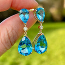 Swiss Blue Topaz and Diamond 9ct Yellow Gold Drop Earrings (15.20cts)