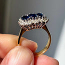 Vintage 1970s Sapphire and Diamond 18ct Yellow Gold Triple Cluster Ring