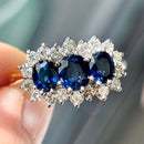 Vintage 1970s Sapphire and Diamond 18ct Yellow Gold Triple Cluster Ring