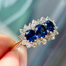 Vintage 1970s Sapphire and Diamond 18ct Yellow Gold Triple Cluster Ring
