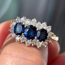 Vintage 1970s Sapphire and Diamond 18ct Yellow Gold Triple Cluster Ring