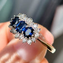 Vintage 1970s Sapphire and Diamond 18ct Yellow Gold Triple Cluster Ring
