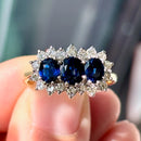 Vintage 1970s Sapphire and Diamond 18ct Yellow Gold Triple Cluster Ring