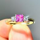 Vintage 2000s Pink Sapphire & Diamond 18ct Yellow Gold Trilogy Ring