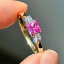 Vintage 2000s Pink Sapphire & Diamond 18ct Yellow Gold Trilogy Ring