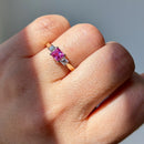 Vintage 2000s Pink Sapphire & Diamond 18ct Yellow Gold Trilogy Ring