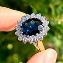 Vintage 1980s Teal Blue Sapphire and Diamond Cluster Ring in 18ct Yellow Gold  (Approx. 4.13ct)
