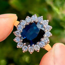 Vintage 1980s Teal Blue Sapphire and Diamond Cluster Ring in 18ct Yellow Gold  (Approx. 4.13ct)