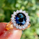 Vintage 1980s Teal Blue Sapphire and Diamond Cluster Ring in 18ct Yellow Gold  (Approx. 4.13ct)