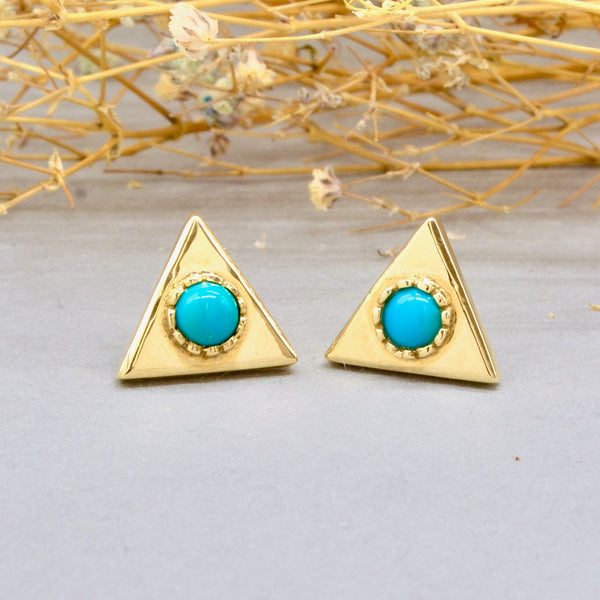 Vintage Turquoise Cabochon 9ct Yellow Gold Triangle Earrings