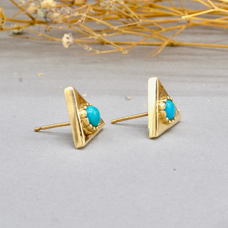 Vintage Turquoise Cabochon 9ct Yellow Gold Triangle Earrings