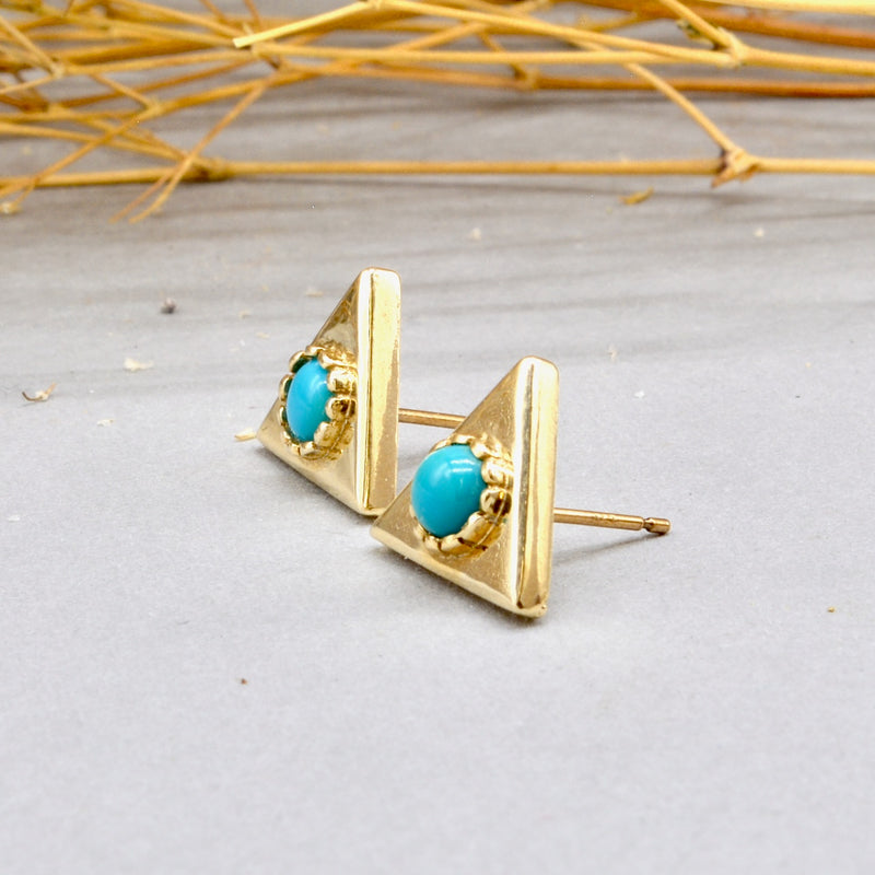 Vintage Turquoise Cabochon 9ct Yellow Gold Triangle Earrings