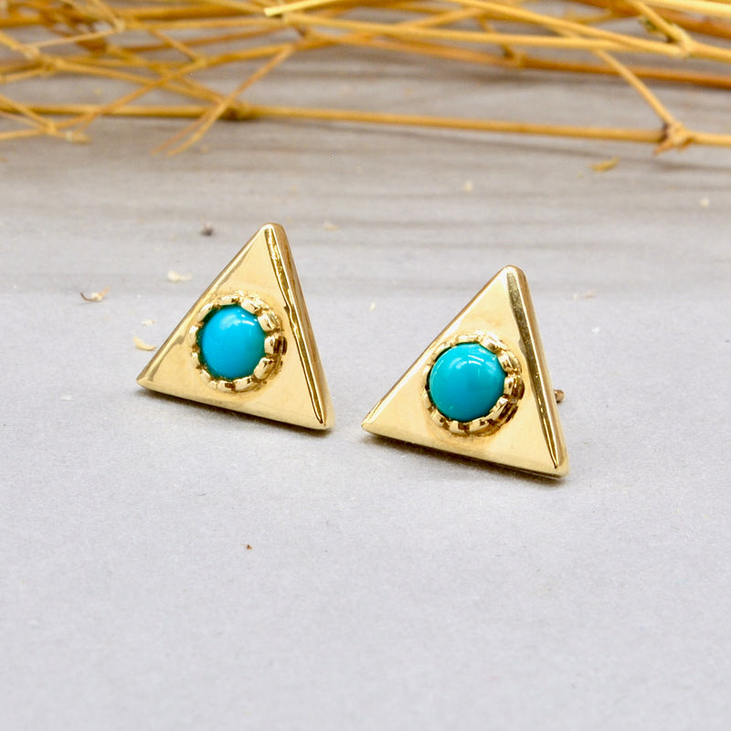Vintage Turquoise Cabochon 9ct Yellow Gold Triangle Earrings