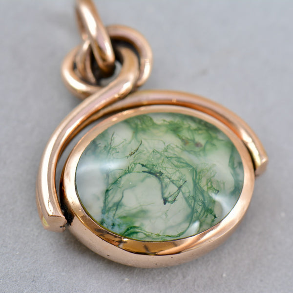 Antique Moss Agate & Blue Banded Agate 9ct Rose Gold Swivel Pendant