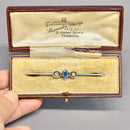 Antique Sapphire and Old-Cut Diamond Line Brooch with Millgrain Detail, Rub-Over Set, Boxed