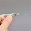 Antique Sapphire and Old-Cut Diamond Line Brooch with Millgrain Detail, Rub-Over Set, Boxed