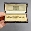 Edwardian Old European Cut Diamond Three-Stone Line Brooch, Millgrain Rub-Over Set, Boxed