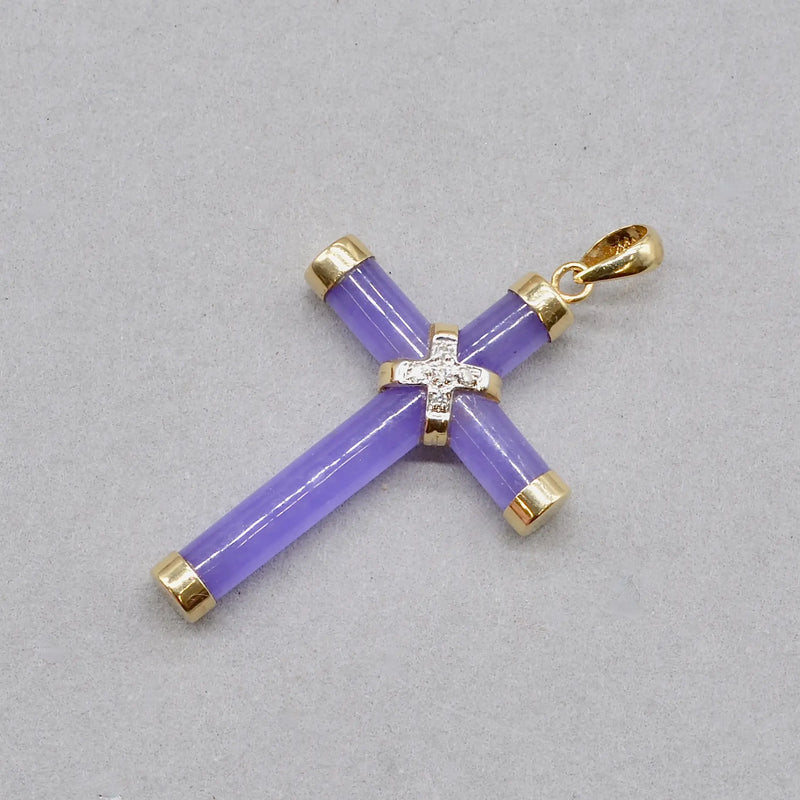Vintage Lavender Jade and Diamond Set Cross Pendant