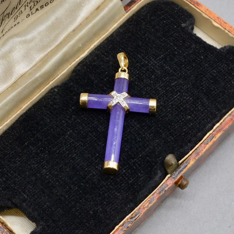 Vintage Lavender Jade and Diamond Set Cross Pendant