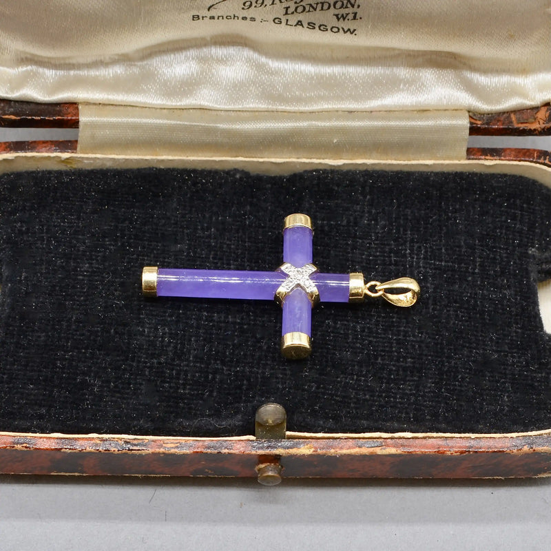 Vintage Lavender Jade and Diamond Set Cross Pendant