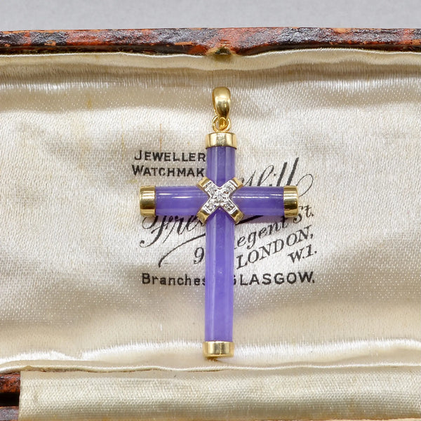 Vintage Lavender Jade and Diamond Set Cross Pendant