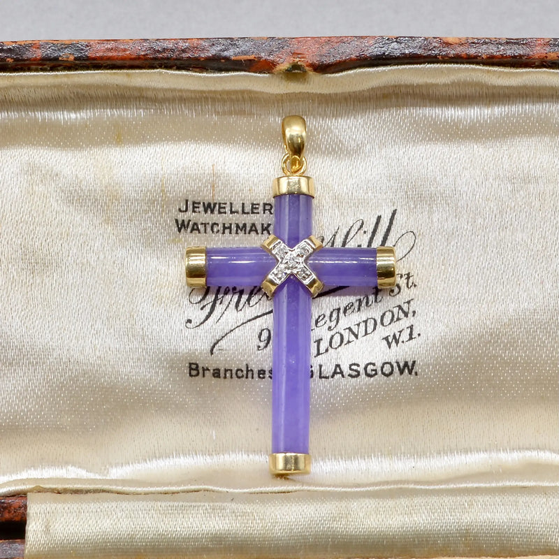 Vintage Lavender Jade and Diamond Set Cross Pendant