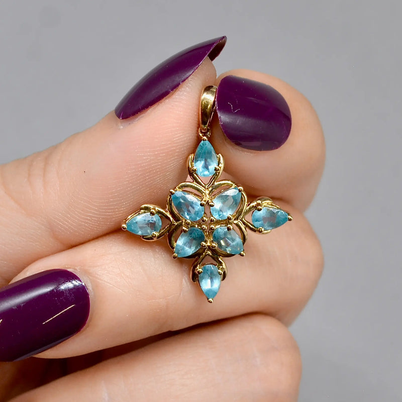 Neon Blue Apatite Cluster Design Pendant in 9ct Yellow Gold