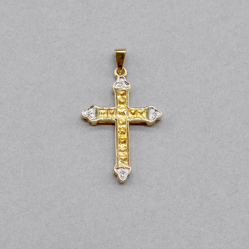 Vintage Citrine and Diamond Set Cross Pendant in 9ct Yellow Gold