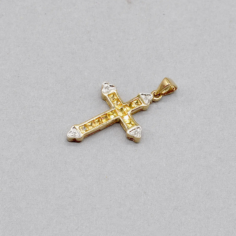 Vintage Citrine and Diamond Set Cross Pendant in 9ct Yellow Gold