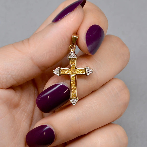 Vintage Citrine and Diamond Set Cross Pendant in 9ct Yellow Gold