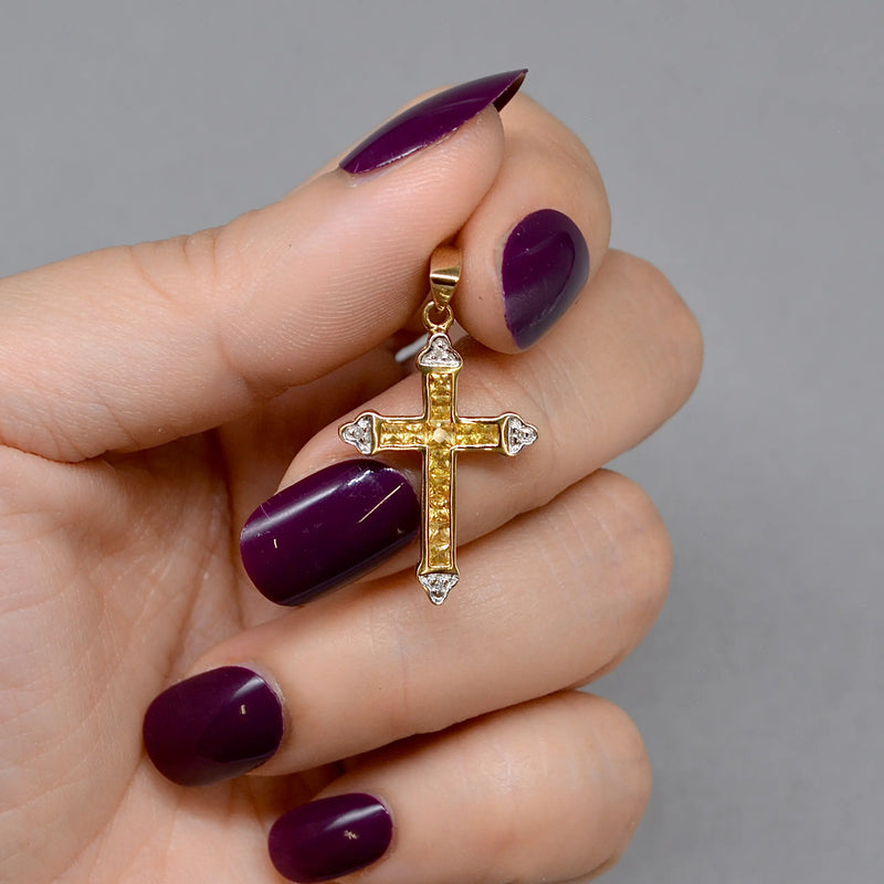 Vintage Citrine and Diamond Set Cross Pendant in 9ct Yellow Gold