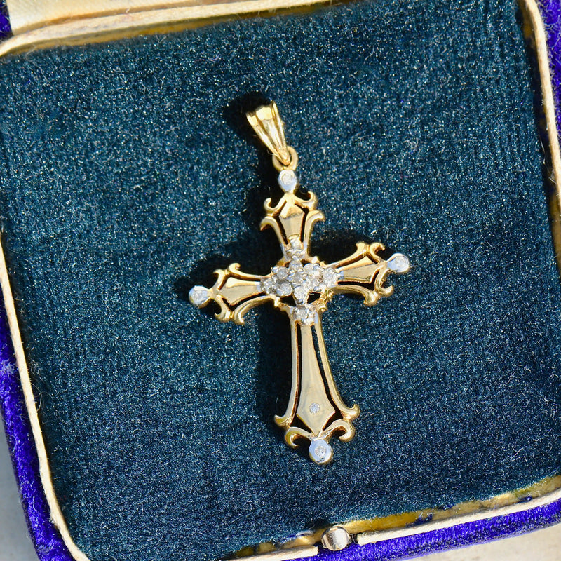 Vintage 9ct Yellow Gold Diamond Set Gothic Style Cross Pendant
