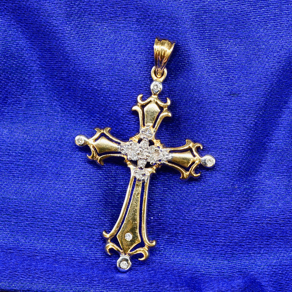 Vintage 9ct Yellow Gold Diamond Set Gothic Style Cross Pendant