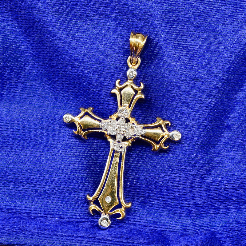 Vintage 9ct Yellow Gold Diamond Set Gothic Style Cross Pendant