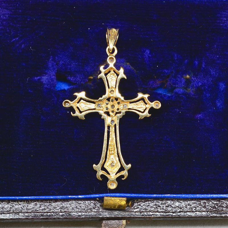 Vintage 9ct Yellow Gold Diamond Set Gothic Style Cross Pendant