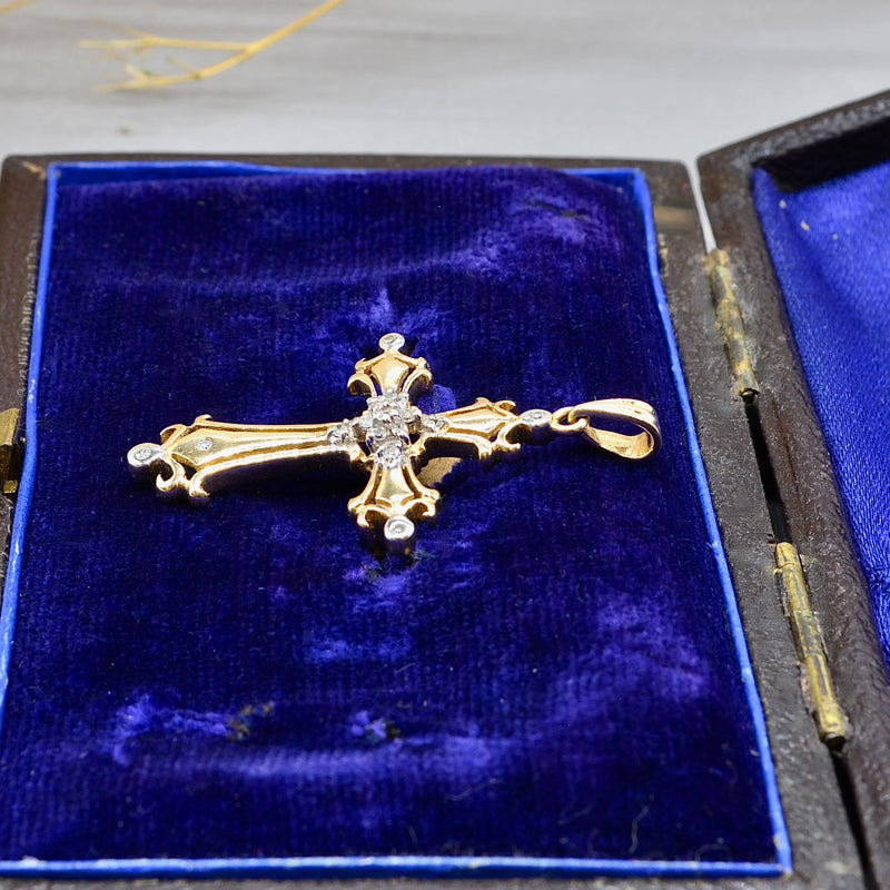 Vintage 9ct Yellow Gold Diamond Set Gothic Style Cross Pendant