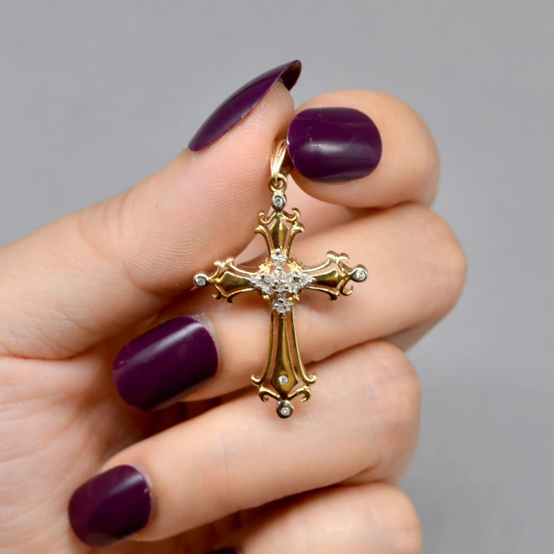 Vintage 9ct Yellow Gold Diamond Set Gothic Style Cross Pendant