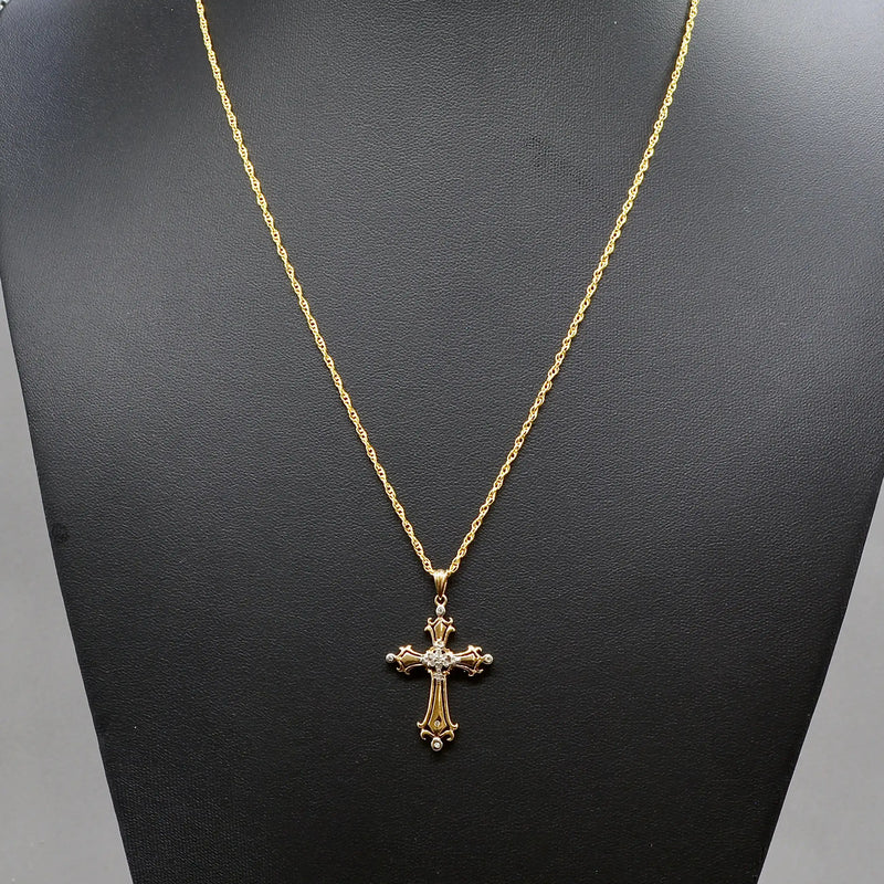Vintage 9ct Yellow Gold Diamond Set Gothic Style Cross Pendant