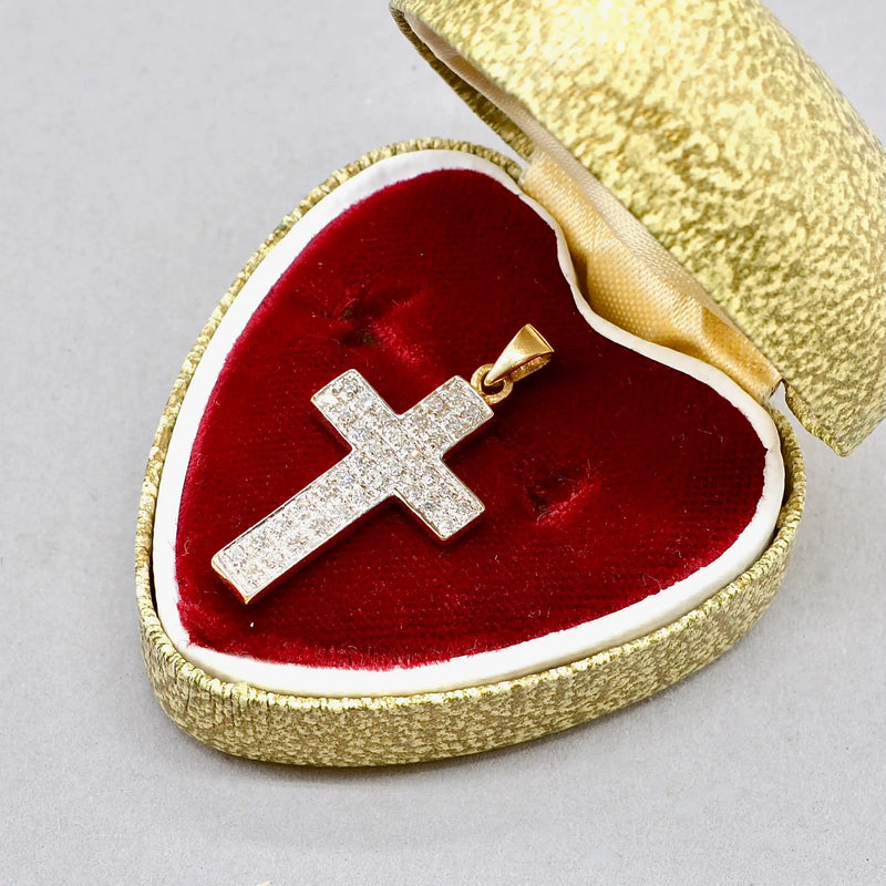 Vintage 1990s Diamond Set Cross Pendant in 9ct Yellow Gold