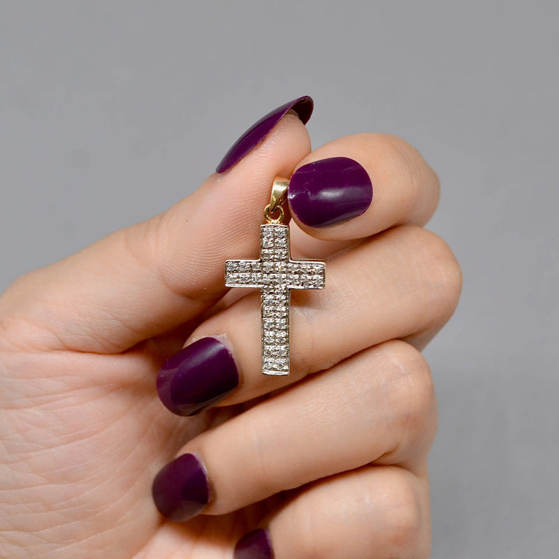 Vintage 1990s Diamond Set Cross Pendant in 9ct Yellow Gold