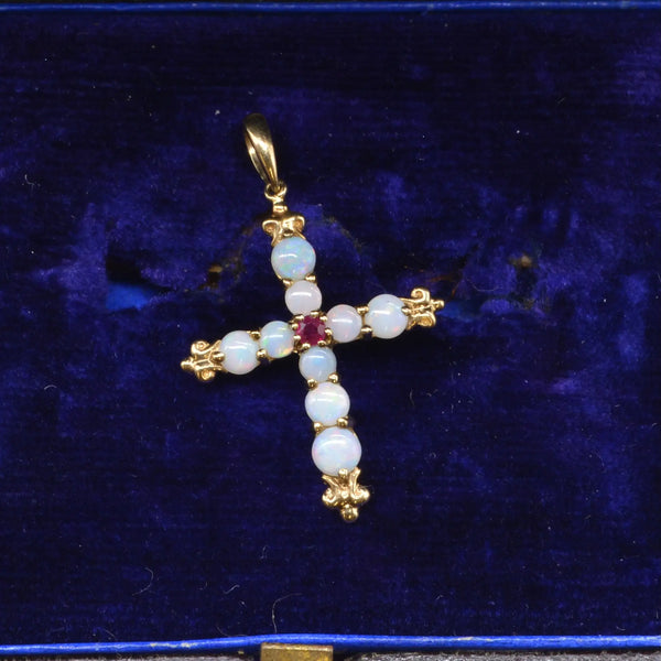 Vintage Opal and Ruby Set Cross Pendant