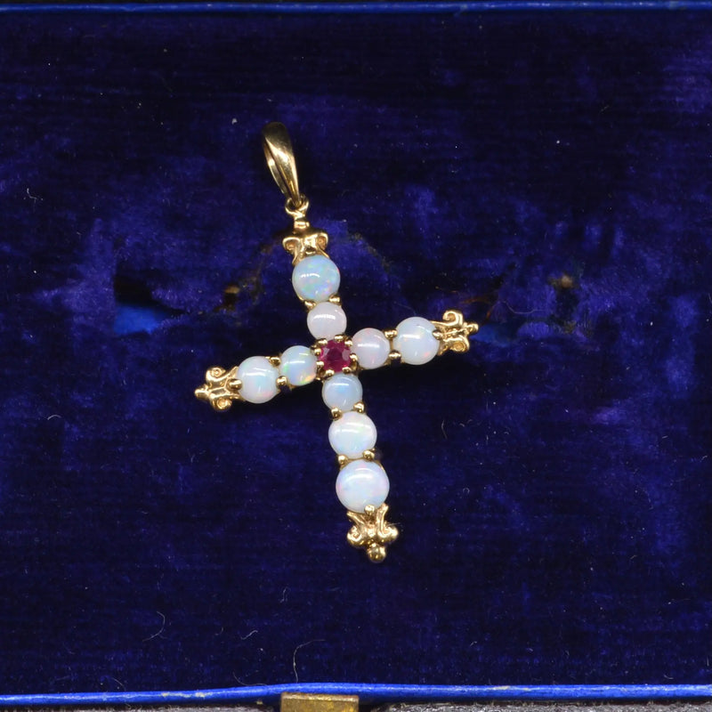 Vintage Opal and Ruby Set Cross Pendant