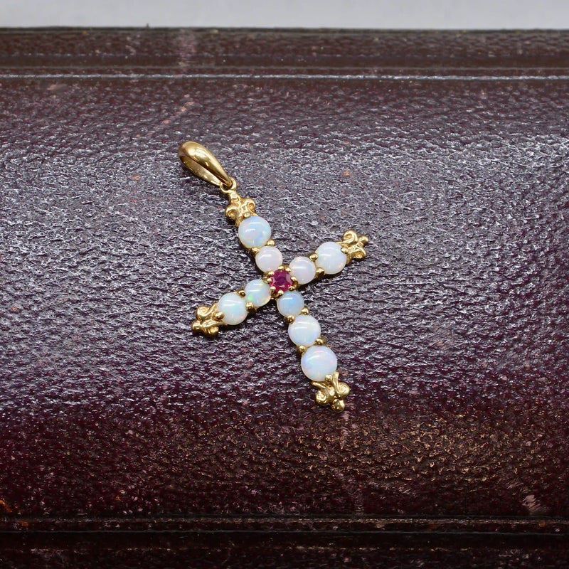 Vintage Opal and Ruby Set Cross Pendant