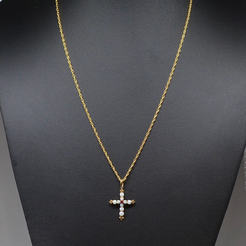 Vintage Opal and Ruby Set Cross Pendant