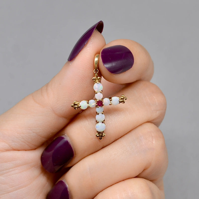 Vintage Opal and Ruby Set Cross Pendant
